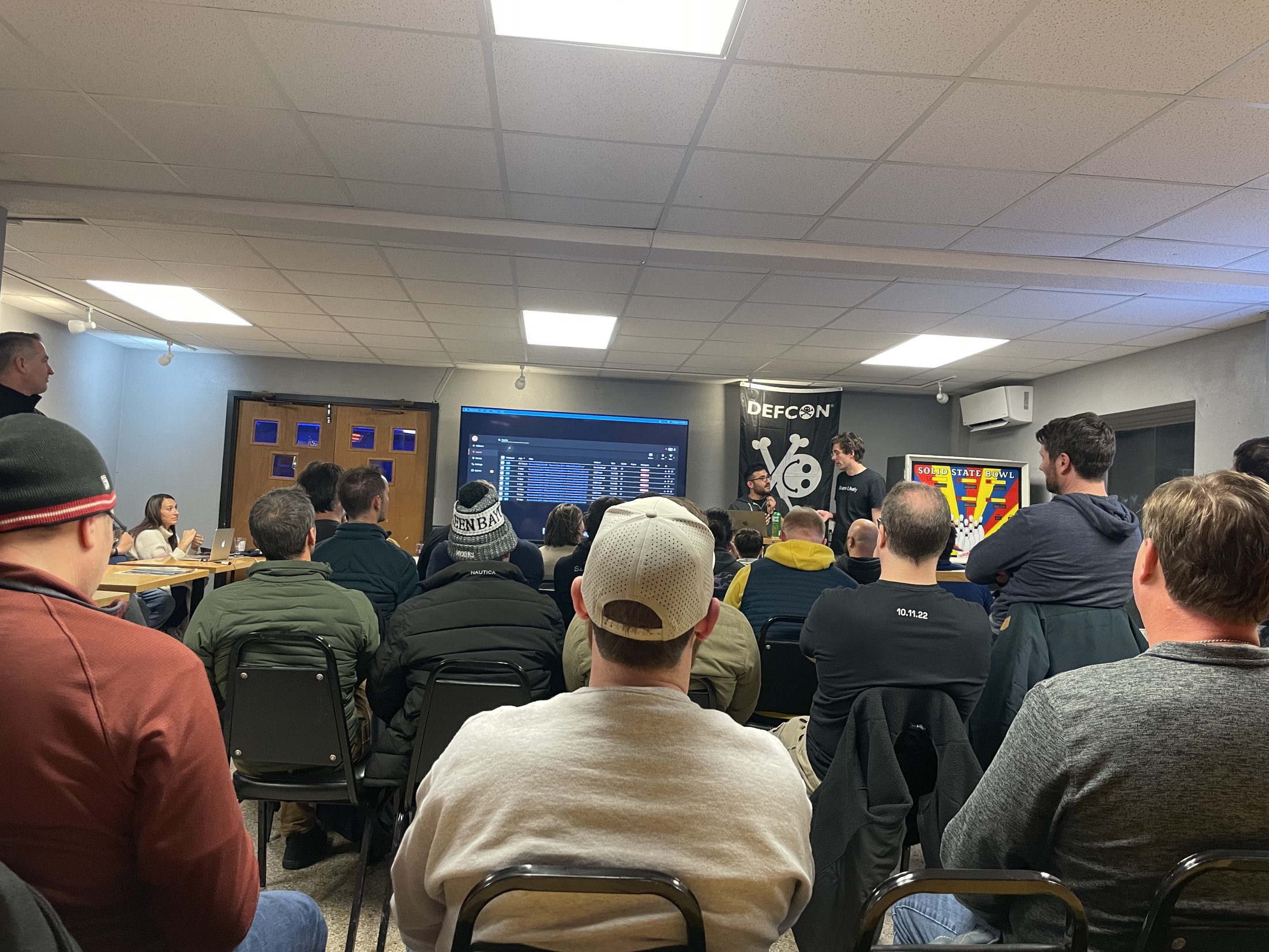 A packed DC608 meetup watching a presentation in the community meeting space